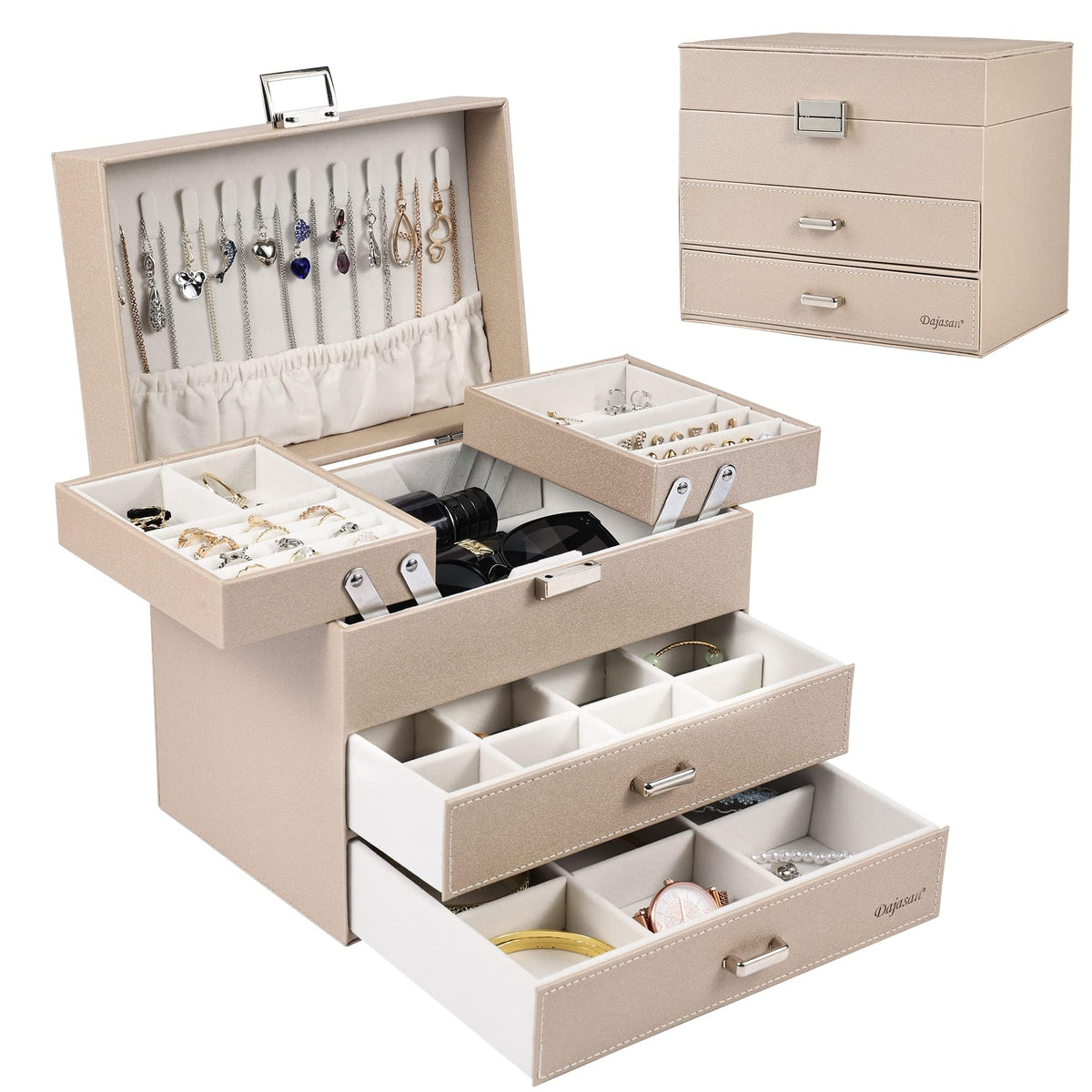 Dajasan Jewelry Organizer Box, Large Jewelry Boxes for Women Girls, Space-Saving 4 Layers Jewelry Storage Case with Drawer, Movable Metal Stand, Modern, Gift Idea (Champagne + Silver)