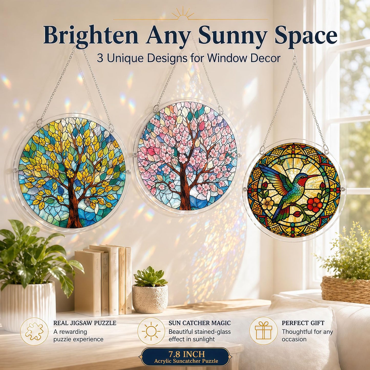 Acrylic Jigsaw Puzzle Suncatcher, Golden Tree Acrylic Puzzle Suncatcher for Adults, DIY Acrylic Jigsaw Art & Puzzle Window Hanging Ornament, Creative Home Decor Ornament with Whimsical Pieces