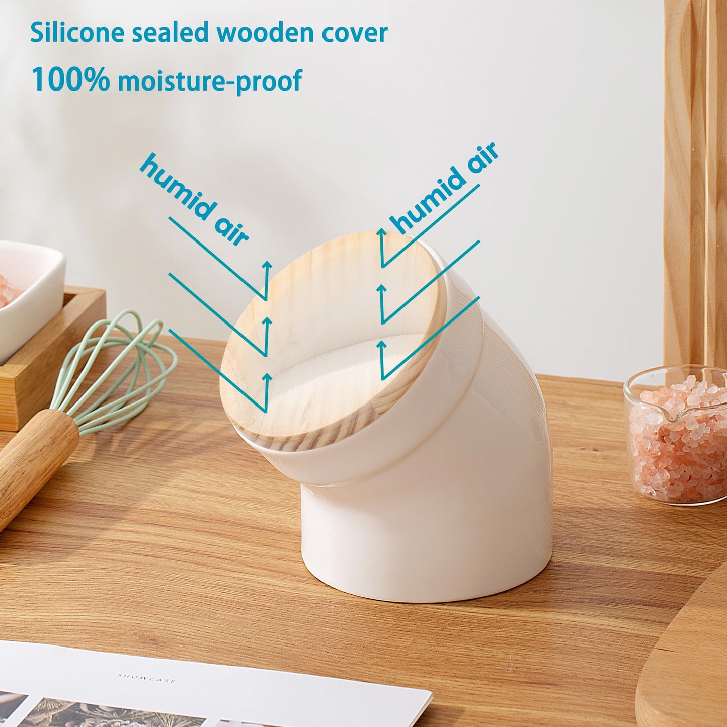 TreaHome Salt Cellar with Airtight Lid, Ceramic Salt Pig, Salt Containers for Countertop, Sealed and Moisture-Proof, Easy Access, Dishwasher Safe (White)
