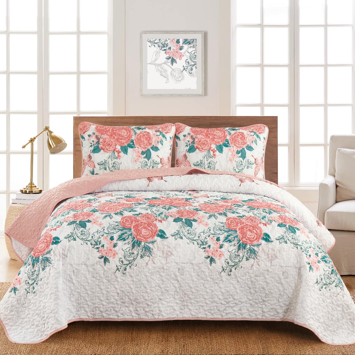 Yiran Pink Floral Quilt Set Queen Size Summer Botanical Bedspreads Bedding Set 3 Pieces Lightweight Rose Flowers Printed Coverlet with 2 Pillow Shams for All Season 96x90 Inch