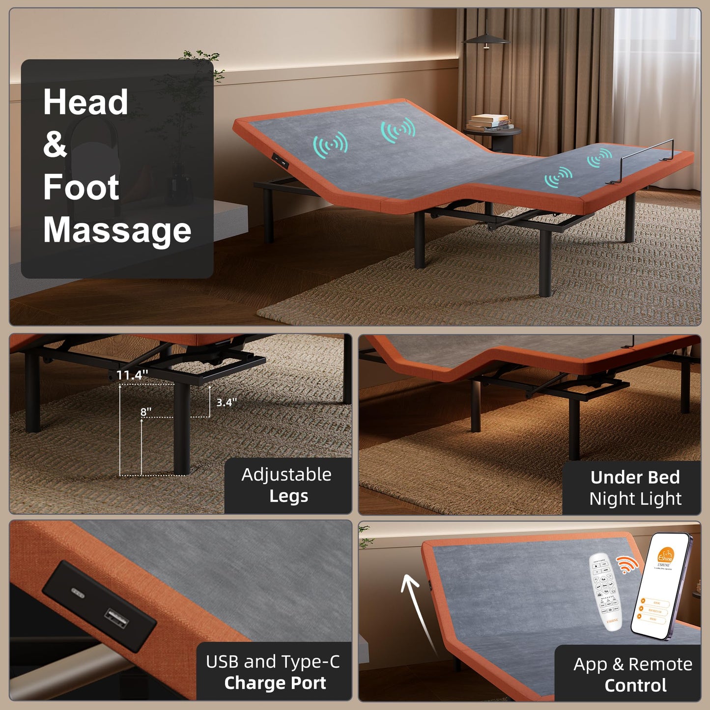 Queen Adjustable Bed Frame + 14” Hybrid Matt, Bed Base with Massage, Pillow-tilt, Smart App Control, Ergonomic Incline, Zero Gravity, Dual USB Port, Under Bed Light, Wireless Remote, 5000 Series