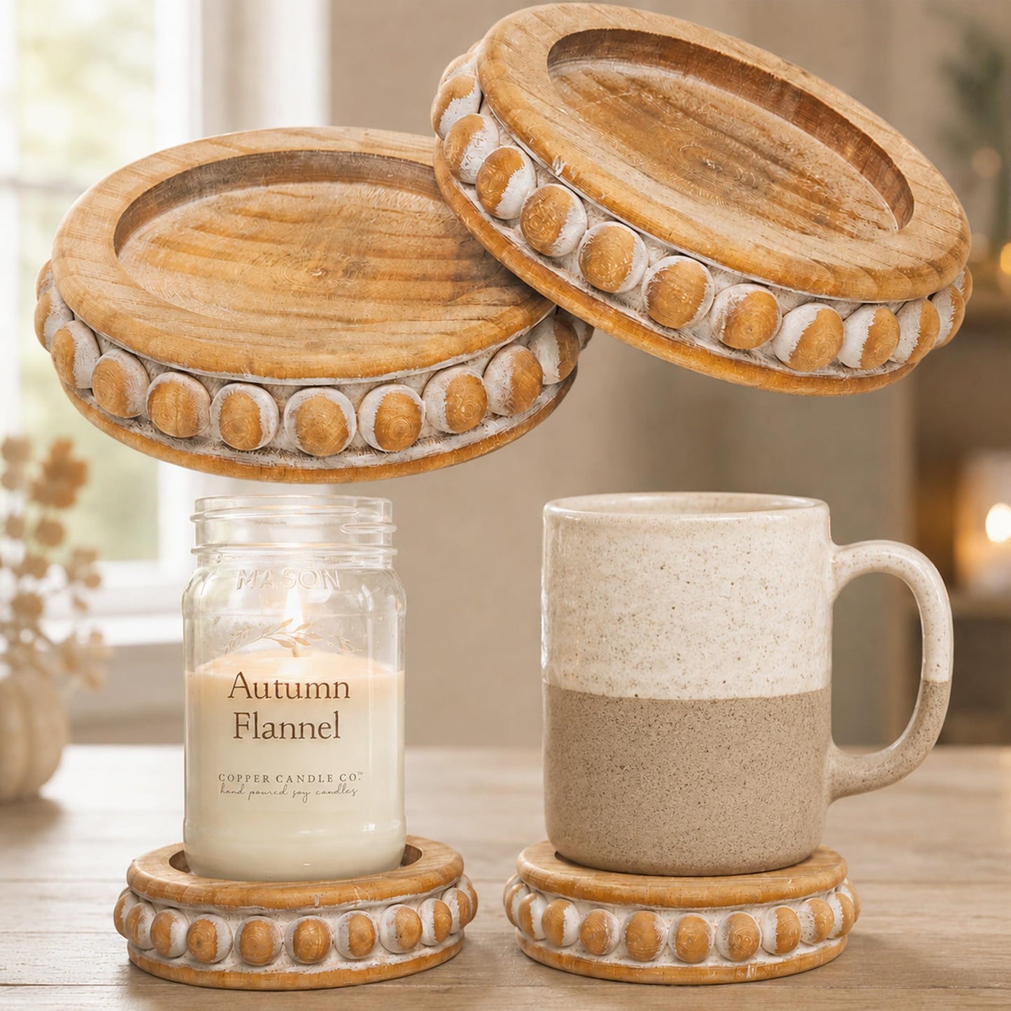 Candle Pedestal [Set of 2] Round Rustic Wood Beaded Risers - Sturdy 2-Sided Stackable Decor Pedestal Stands for Tiered Tray, Candle, Mug Display, Risers Display Stands (Rustic Brown, 5 inch)