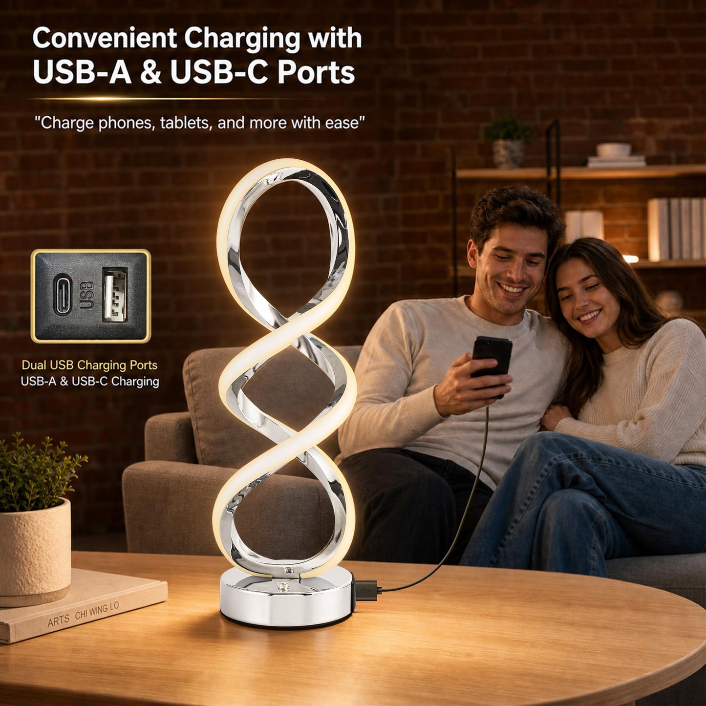 Adebime Modern Spiral RGB Table Lamp, Touch Dimmable Bedside Lamp, 7 Colors 10 Light Modes Spiral Design Table Lamp, Unique Nightstand Lamp for Living Room, Bedroom, Cool Lamps, Silver