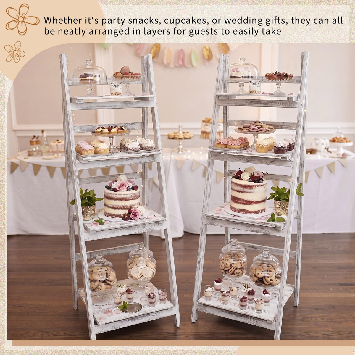 Sintuff White Wooden 4-tier Foldable Ladder Shelf, Sturdy Dessert & Snack Display Stand for Birthday Party & Wedding, Indoor Stand Corner Storage Bookshelf, Rustic Storage Rack, No Tool Assembly