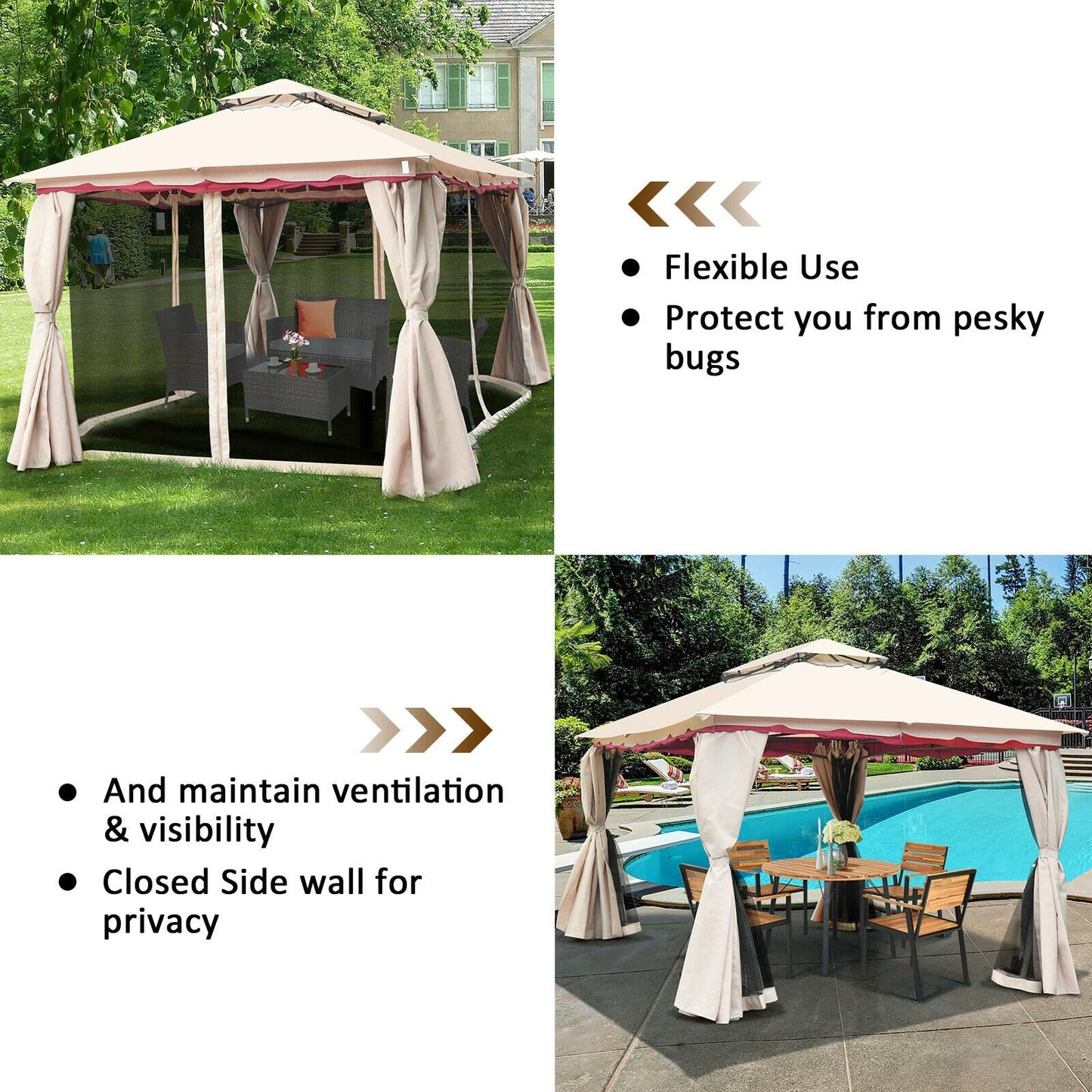 LAUSAINT HOME Outdoor Gazebo 13 x 11 FT, Steel Frame Garden Gazebo with Ventilated Double Roof & Mesh Netting, Patio Party Canopy Shelter for Backyard, Lawn & Deck, Brown