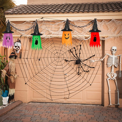 Twinkle Star Halloween 8 Pcs Lighted Hanging Witch Ghost Hats Decorations, Halloween Indoor Outdoor Remote Control String Lights 8 Lighting Modes, Glowing Witch Hat for Garden, Yard, Tree