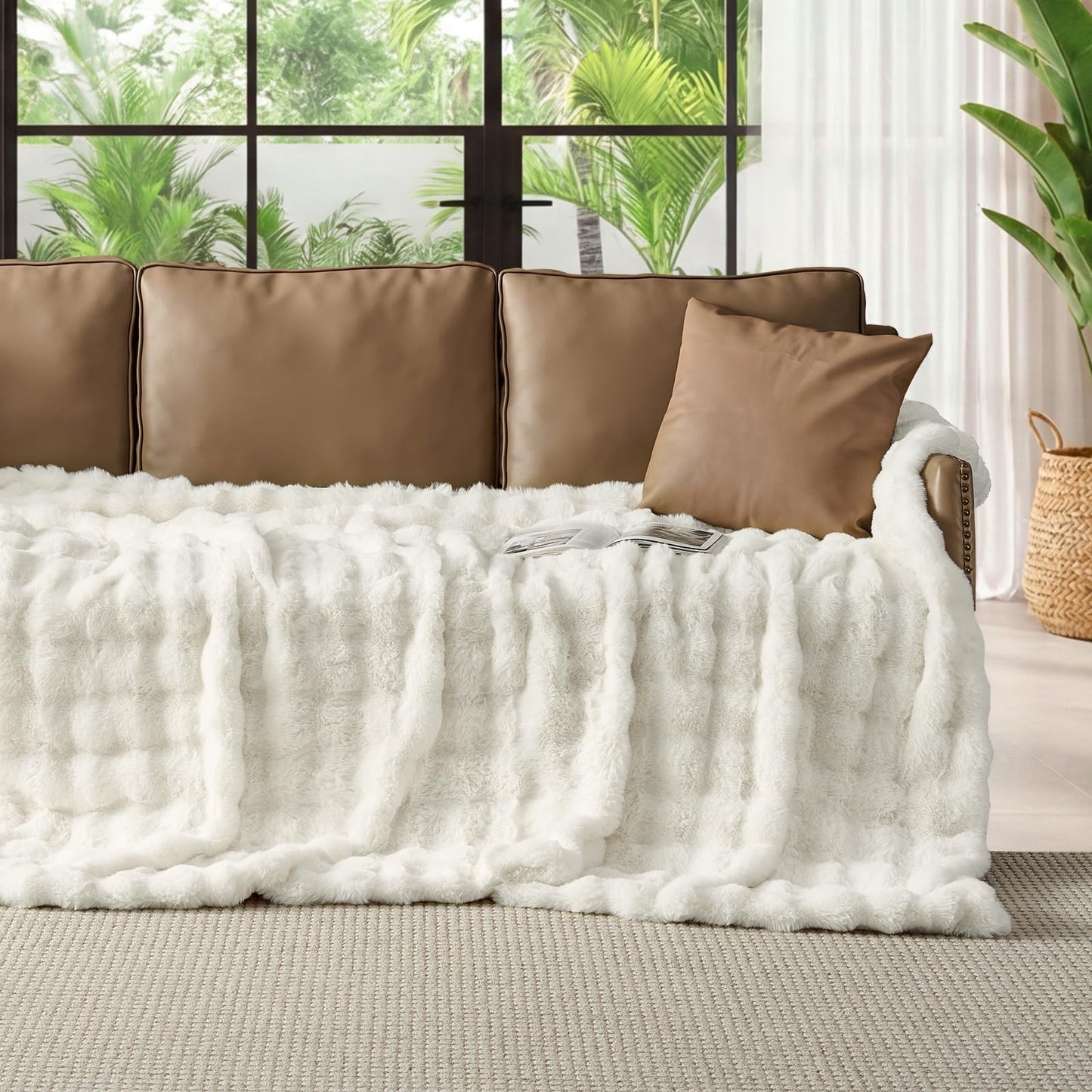 Lotus Karen Faux Fur Throw Blanket Cream White - Big Bubble Rabbit Fluff Blanket for Couch, Small Fluffy Fuzzy Cozy Blanket, Thick Furry Plush Shaggy Blankets, 50x60 Inches