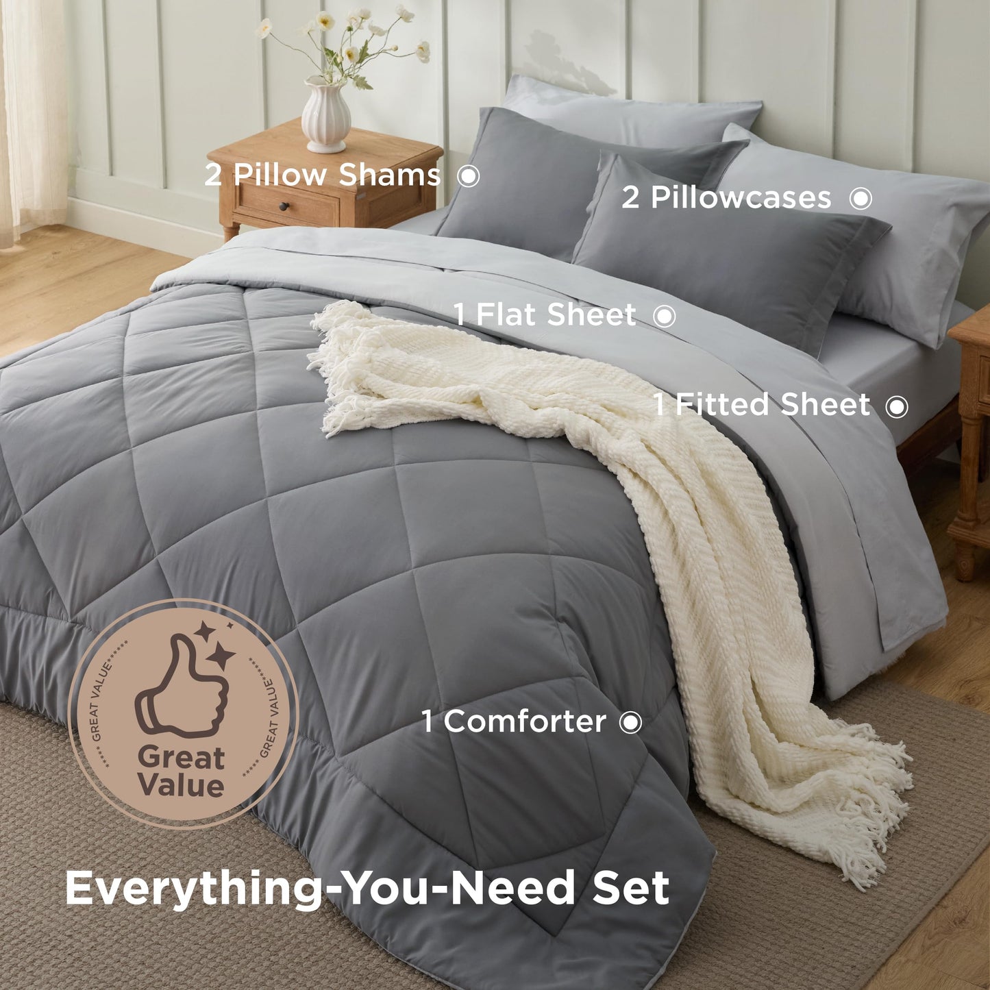 Bedsure Queen Comforter Set with Sheets - 7 Pieces Reversible Grey Bed in a Bag Queen, Eazy Care Queen Bedding Sets for All Seasons with 1 Flat & 1 Fitted Sheet, 2 Pillowcases and 2 Pillow Shams
