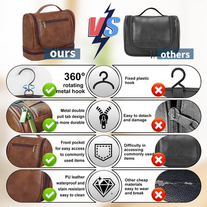 hanvate Travel Toiletry Bag For Men and Women, Leather Hanging Toiletry Organizer, Waterproof with Separate Compartments, Travel Kit for Gym Camping and Mens Gift (Dark Brown)