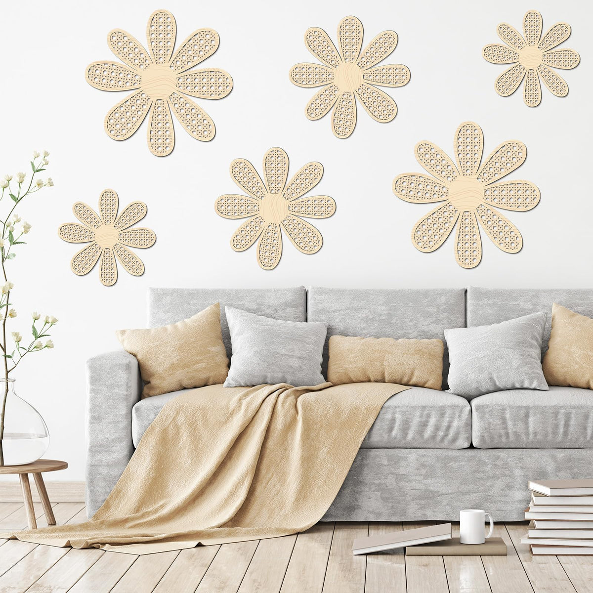 Thyle 6 Pcs Boho Daisy Wall Decor Natural Rattan Flower Wall Hanging Art Wooden Boho Art Nursery Decor Daisy Signs Flowers Farmhouse Hanging Decoration for Home Office Nursery