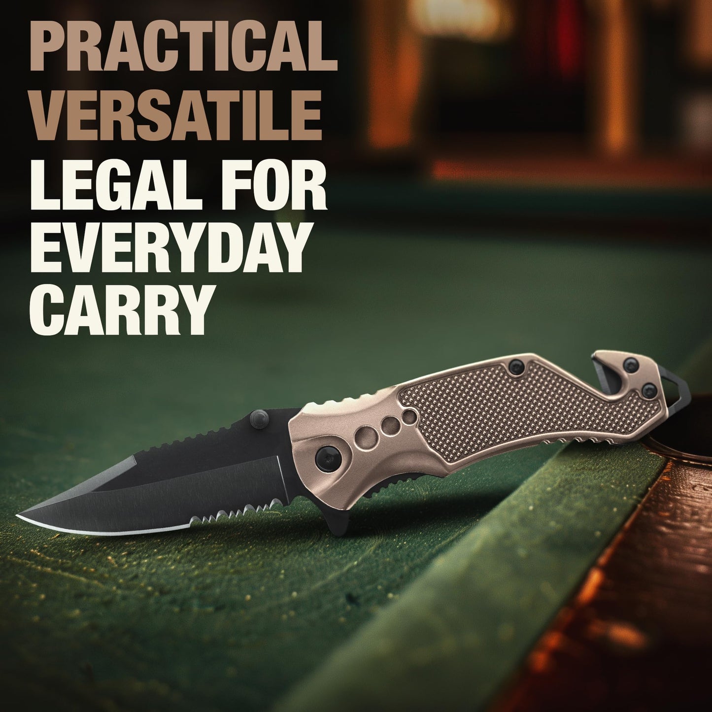 Legal Pocket Knife Coyote Tan - 2.95” Sharp Serrated Edge Blade - Multi Tool with Seatbelt Cutter, Glass Breaker & Clip - Cool Folding Knives for EDC Camping Fishing - Birthday Gifts for Men 6680 T