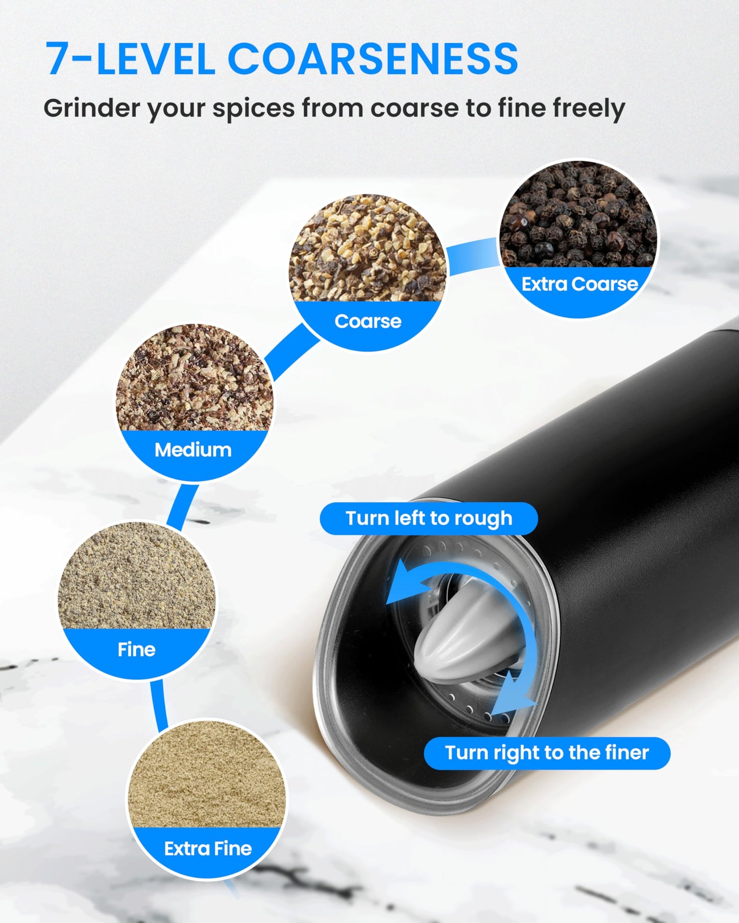 Simple Deluxe Stainless Steel Gravity Electric Salt & Pepper Grinder Set, Battery Powered with Blue LED Light, Adjustable Coarseness, One Hand Automatic Operation, Silver