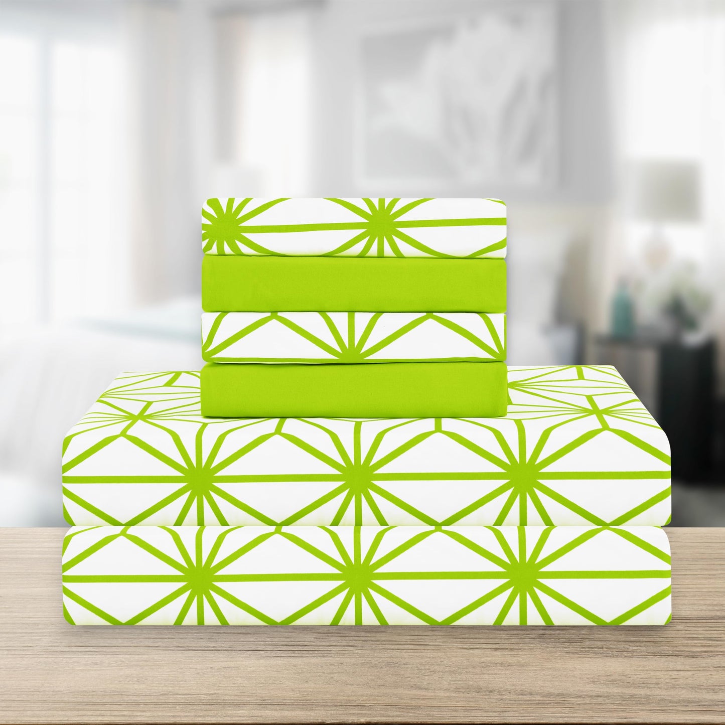 Elegant Comfort Luxury Soft 6-Piece Cube Geometric Pattern Sheet Set - 1500 Premium Quality Microfiber - Wrinkle and Fade Resistant Coziest Bedding Set, All Around Elastic Fitted Sheet, Full, Lime