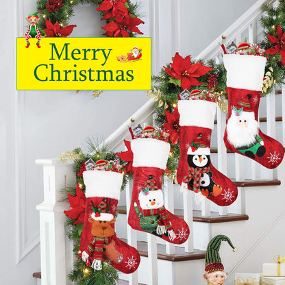 COOLWUFAN Christmas Stockings 4 Pack, 19'' Xmas Stockings with Snowflake Santa Snowman Reindeer Penguin and Plush Faux Fur Cuff Stockings for Stairs Fireplace Hanging Xmas Home Decor