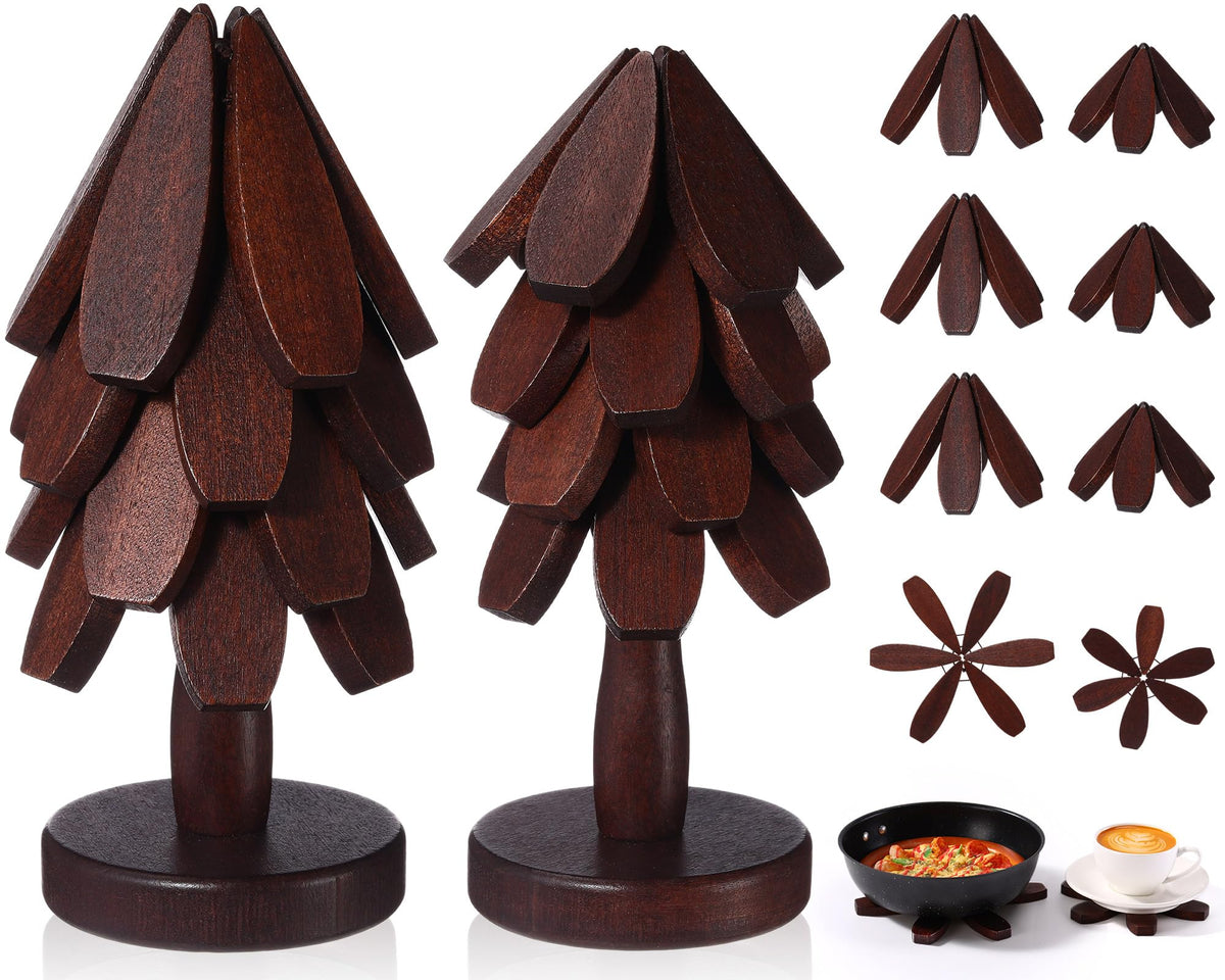 Wonderjune Tree Coasters Set of 8, Wooden Trivets for Hot Dishes, 2 Sizes Foldable Tree Shaped Trivets with 2 Stands, Decorative Kitchen Table Pad Mat Decor for Hot Pots, Pans, Cups(Walnut Wood)