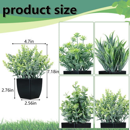 GREENTIME 4 Pack Fake Plants in Black Pot Small Artificial Eucalyptus Potted Plant Wheat Grass Mini Faux Greenery for Home Decor Indoor Office Table Room Farmhouse Bathroom Decorations