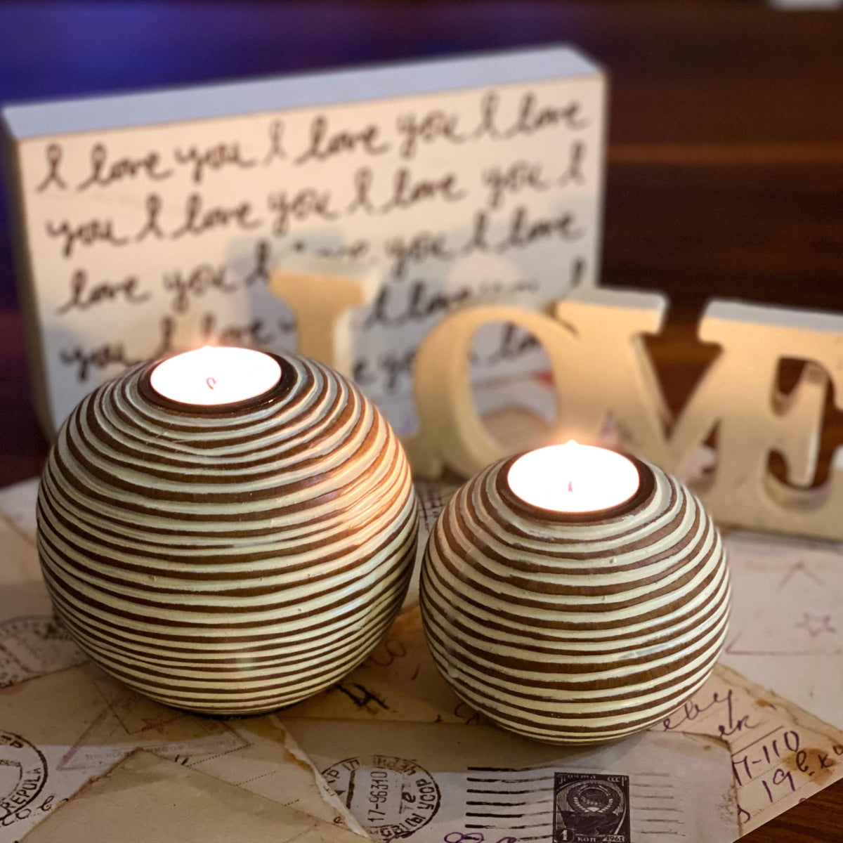 Tuva Orb Candle Holders (Gift Boxed Set of 2), Table Centerpieces for Dining or Living Room, Spa, Bathroom, Kitchen Counter, Mantle or Coffee Table Decor (Light Brown and White)