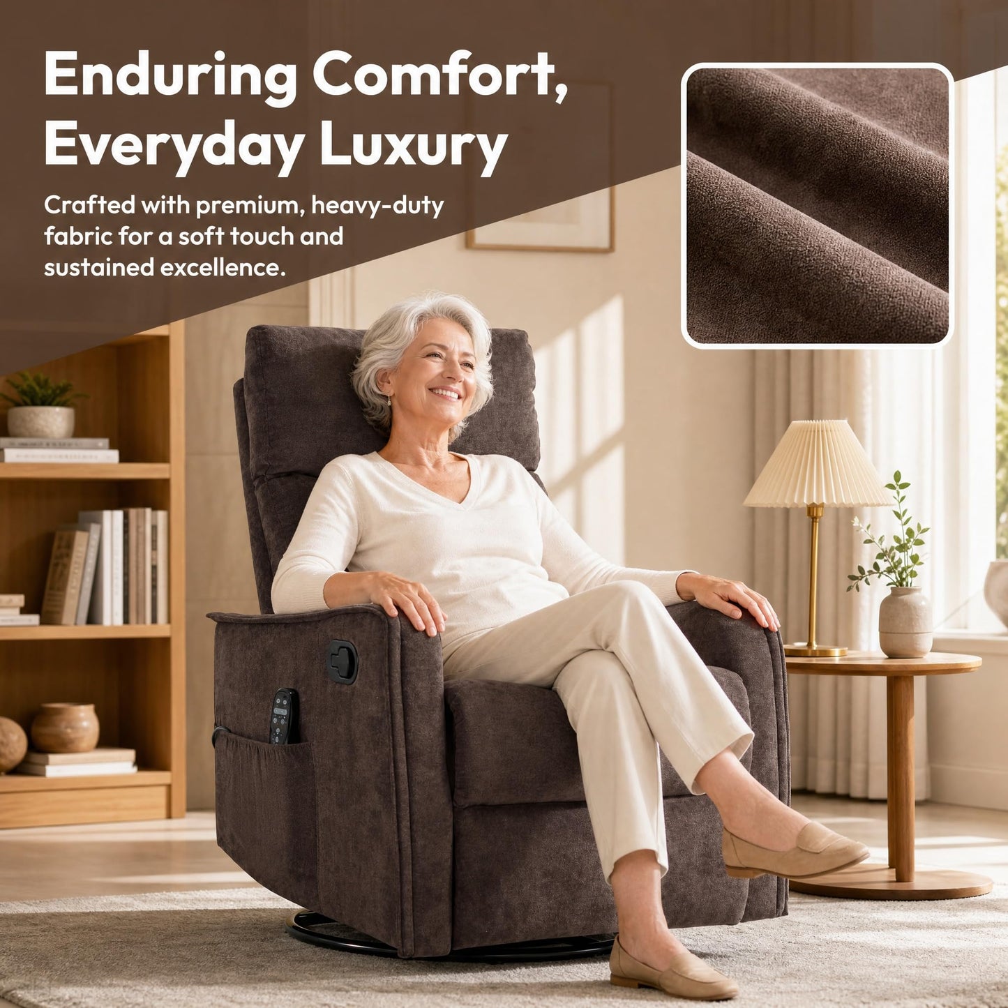 KEIKI Heat Massage Manual Recliner Chair with Rocker and Swivel, 360° Swivel 8-Point Massage Heat Classic Polyester Rocker for Living Room Family Gathering Space, Rich Traditional Brown