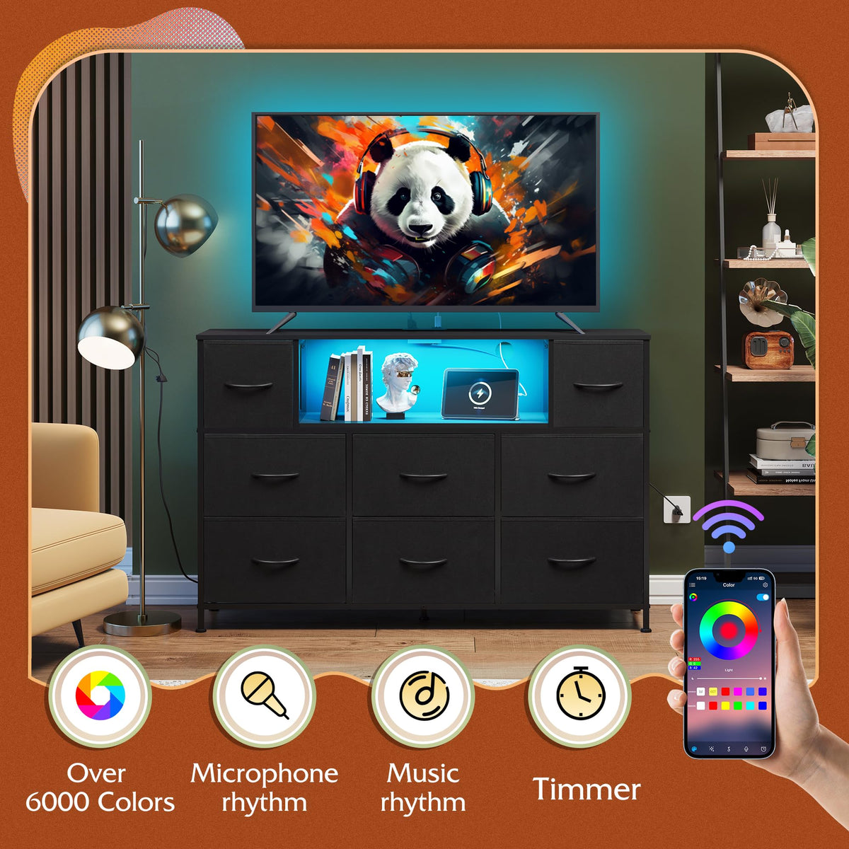 WLIVE Black Dresser TV Stand for 45, 50, 55 inch TV, Entertainment Center with LED Lights & Charging Station, Chest of Drawers with 8 Fabric Drawers and Open Shelves for Living Room, Hallway, Wood Top
