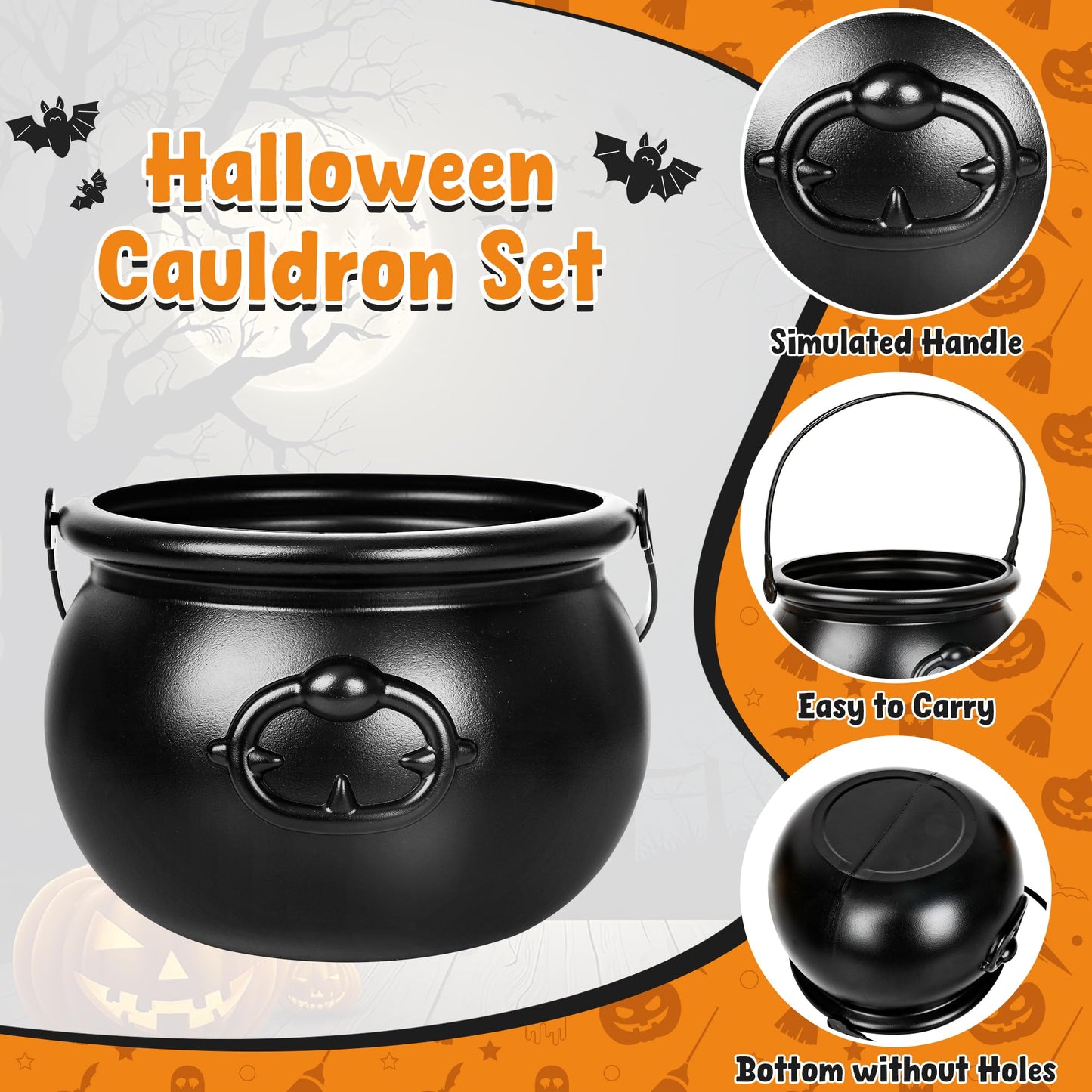 3PCS Cauldron Halloween Decor, 12.6" and 7.68" Halloween Bucket Witch Cauldron, Plastic Black Candy Holder Pot Spooky Punch Bowl for Halloween Decorations Trick or Treat St Patrick's Day Party Favors