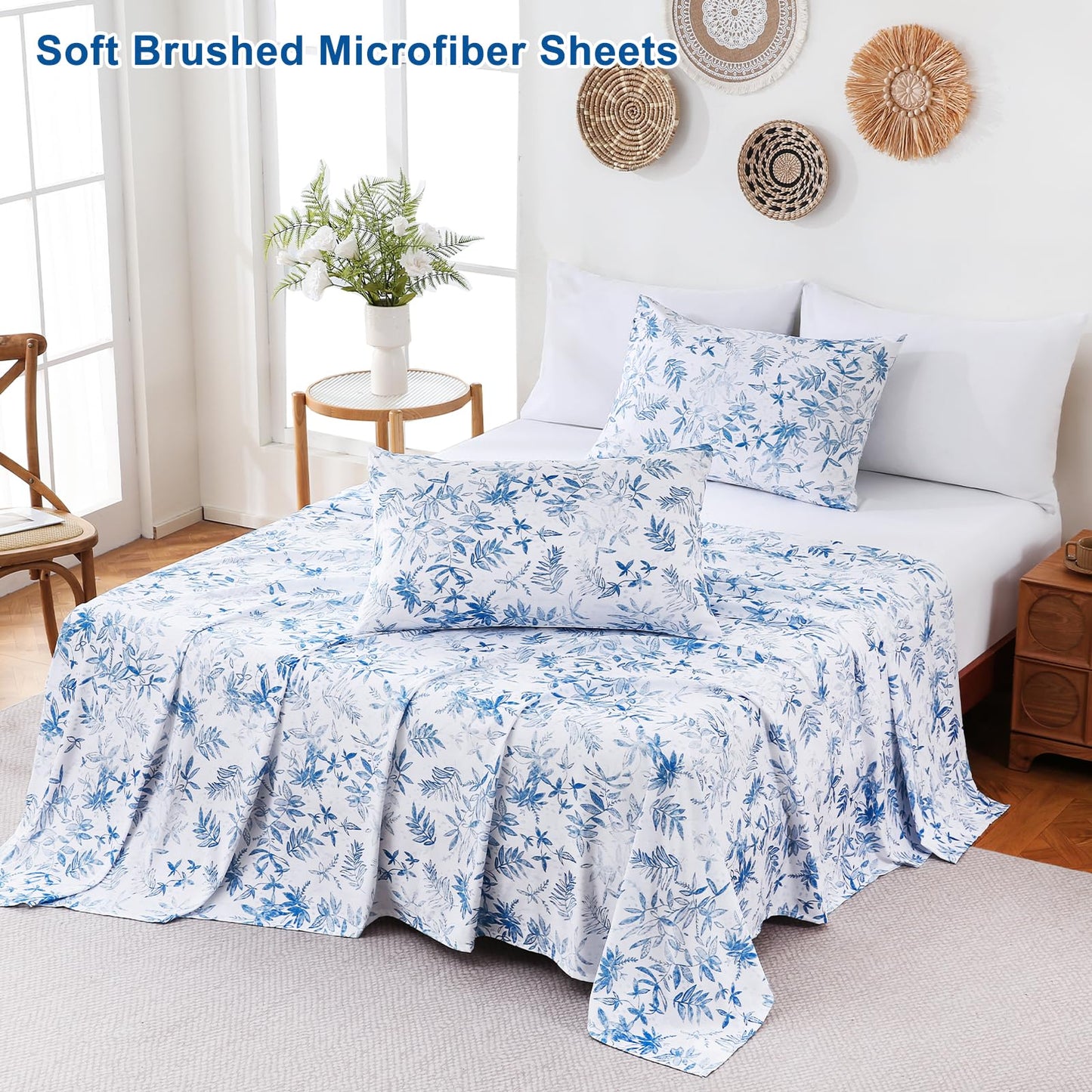 Swiftify Botanical Full Size Sheets Set 6-Piece, Boho Floral Brushed Microfiber Sheets, Cooling Bed Sheet Set, Soft & Breathable, 16' Deep Pocket Fitted Sheet & Pillowcase Set, Blue Fern Whisper