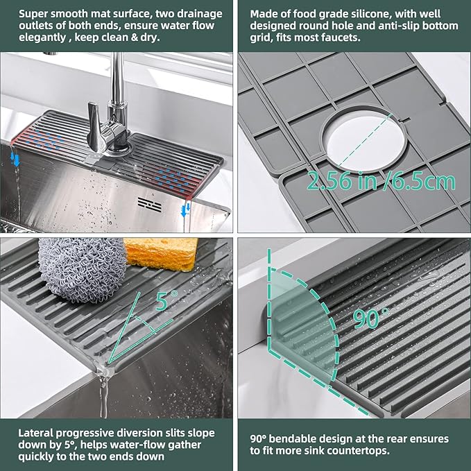 Faucet Mat for Kitchen Sink, Silicone Faucet Handle Drip Catcher Tray, Drying