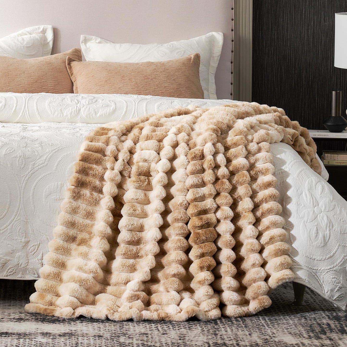 Cozy Bliss Faux Fur Throw Blanket for Couch, Cozy Warm Plush Striped Blanket for Sofa Bedroom Living Room, 50 * 60 Inches Tie-dye Khaki