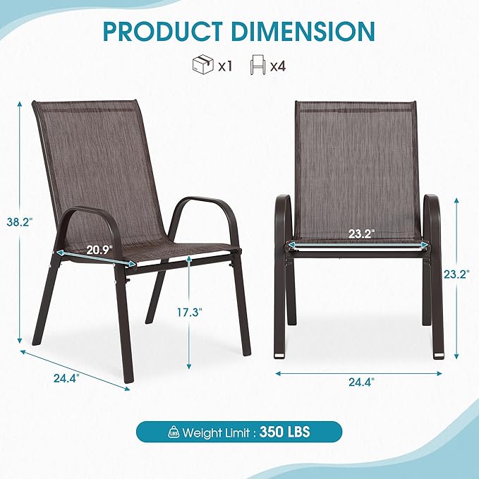 Outdoor Stackable Chairs Set of 8, Stacking Patio Chairs with Textilene Fabric, Outside Furniture for Garden Backyard Balconie Poolside Deck, Brown