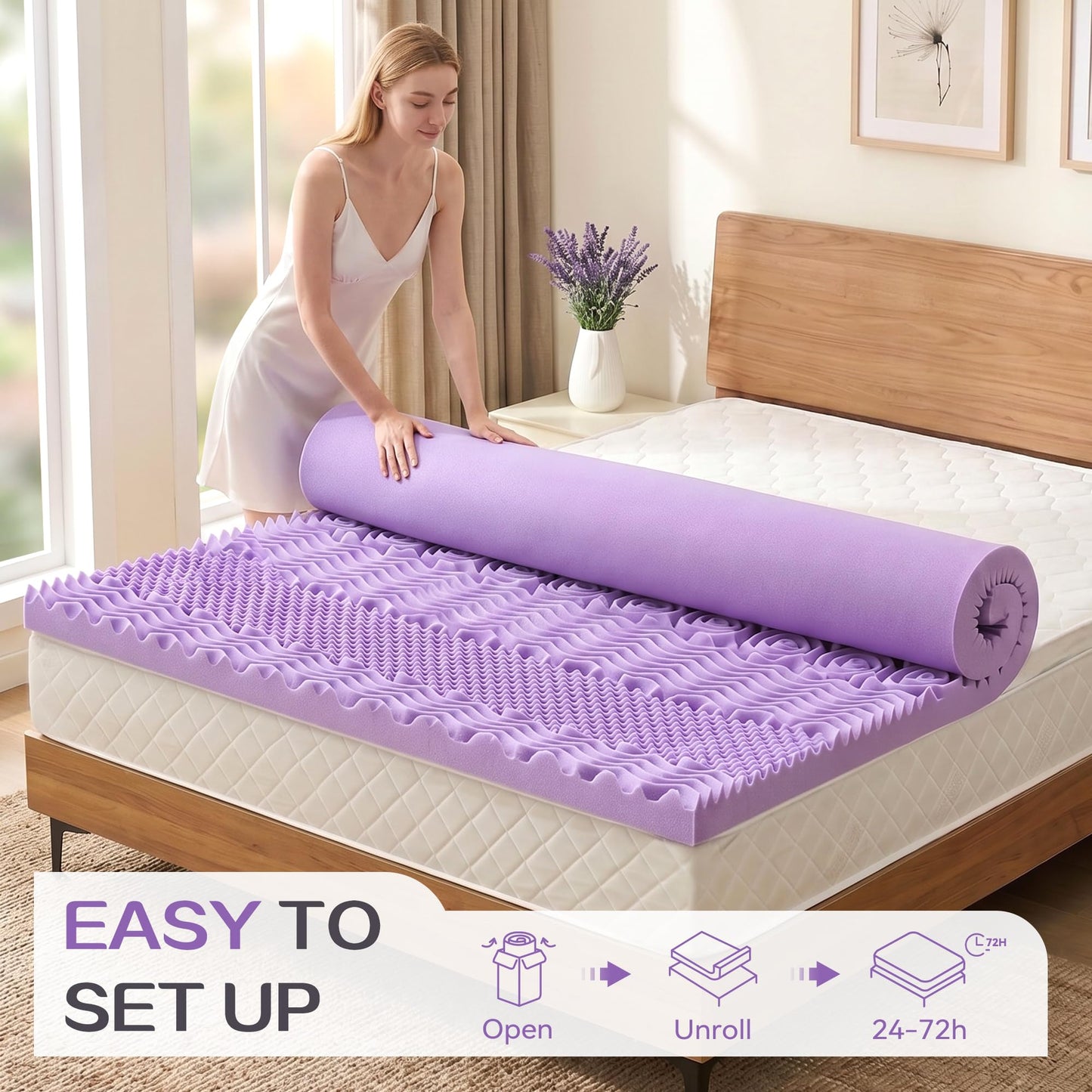 SINWEEK 1.5 Inch 7-Zone Memory Foam Mattress Topper Full Size, Soft Mattress Pad for Back Pain Relief, Egg Crate Bed Topper Double Bed Size, CertiPUR-US Certified, Violet