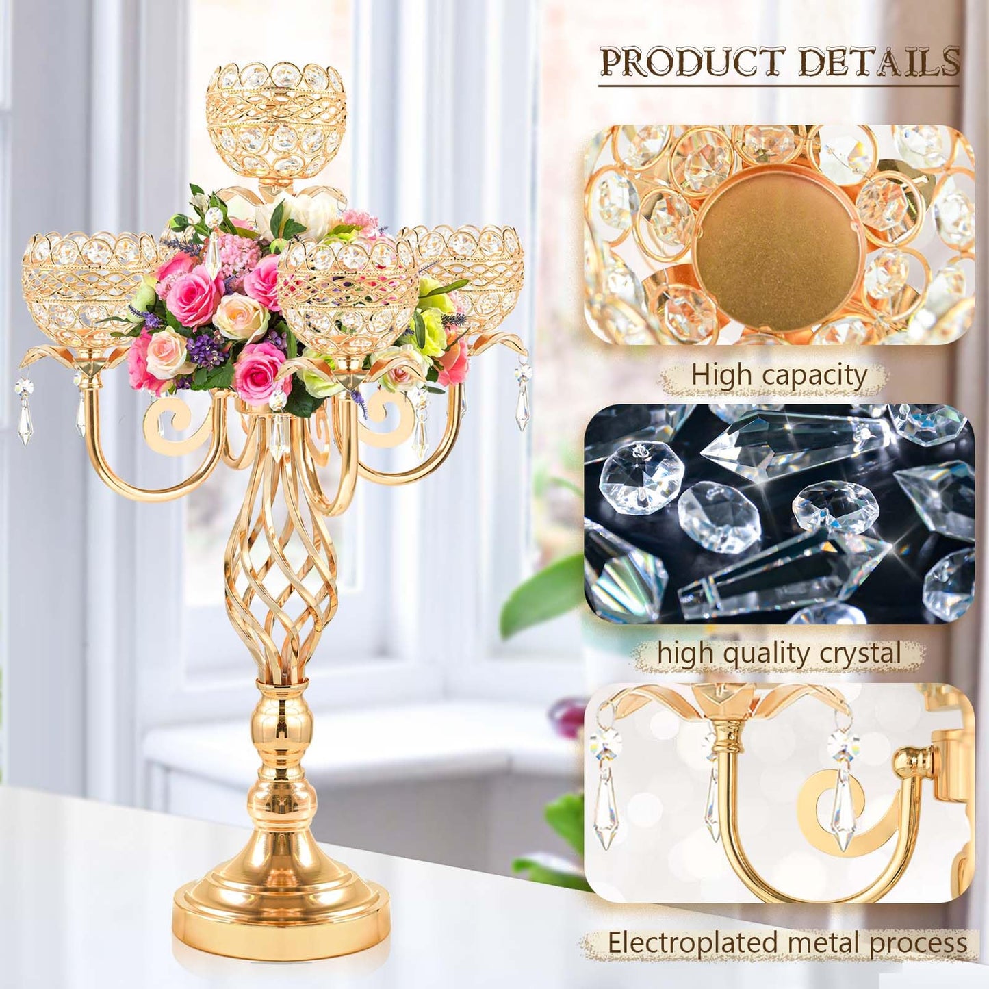 Elegant 5-Arm Candelabra Centerpiece with Crystal Pendants - 23.6 Inch Tall Table Centerpiece for Weddings, Parties, Home Decor for Mother’s Day, Holidays & Special Occasions (1, Gold)