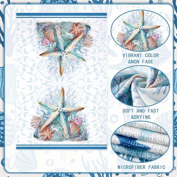Boyiee Set of 6 Beach Kitchen Towels Coastal Ocean Dish Towels Sea Nautical Tea