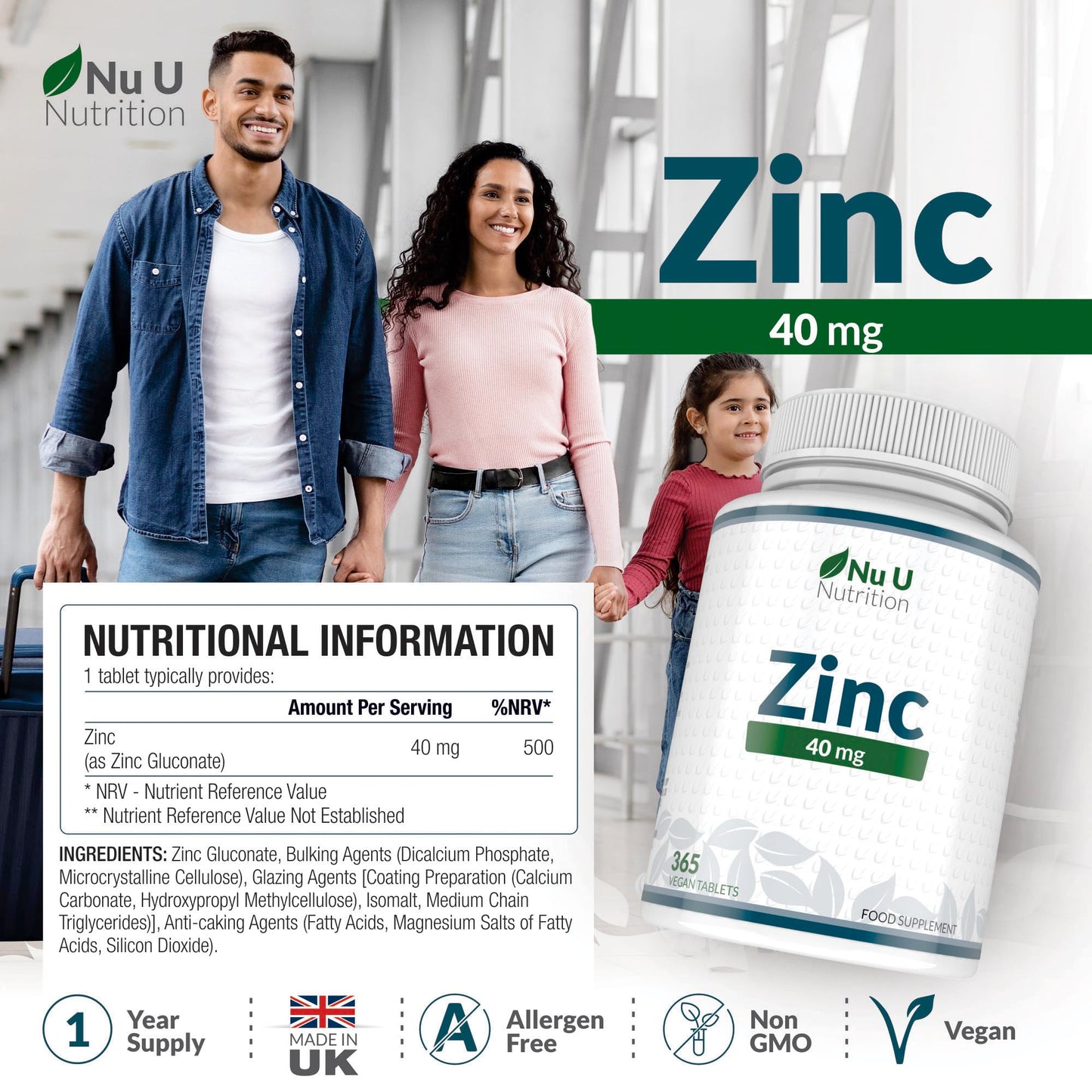 Zinc Tablets 40mg - 365 Vegan Tablets - 1 Year Supply - 1 a Day - Easy to Swallow Zink Gluconate - Supplement for Men & Women - Made in The UK - Nu U Nutrition
