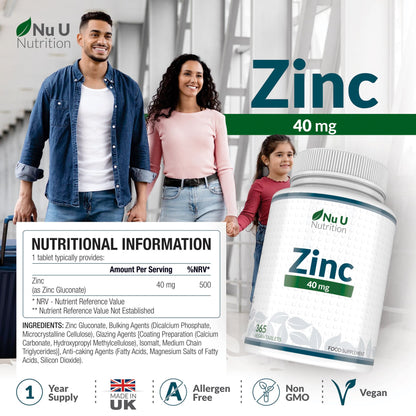 Zinc Tablets 40mg - 365 Vegan Tablets - 1 Year Supply - 1 a Day - Easy to Swallow Zink Gluconate - Supplement for Men & Women - Made in The UK - Nu U Nutrition