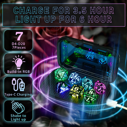 FONVGOGO Light up LED Dice Set D and D Rechargeable for Dungeons and Dragons RGB DND Dice with Charging Box 7-Color Polyhedral Role Playing Dice for DND Gifts RPG Tabletop Games (Rose RGB)