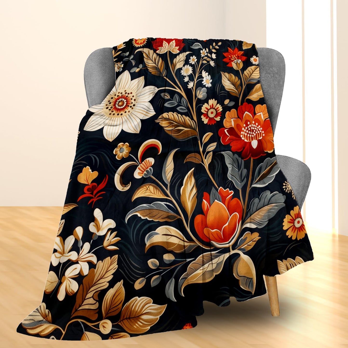 Ti Caldi Luxurious Floral Blanket Flannel with Rich Floral Design - Soft, Cozy, and Lightweight Throw Blanket, Perfect for Couch, Bed, Travel, and Outdoor Use - Fluffy, Fuzzy Home Decor 80"x60"