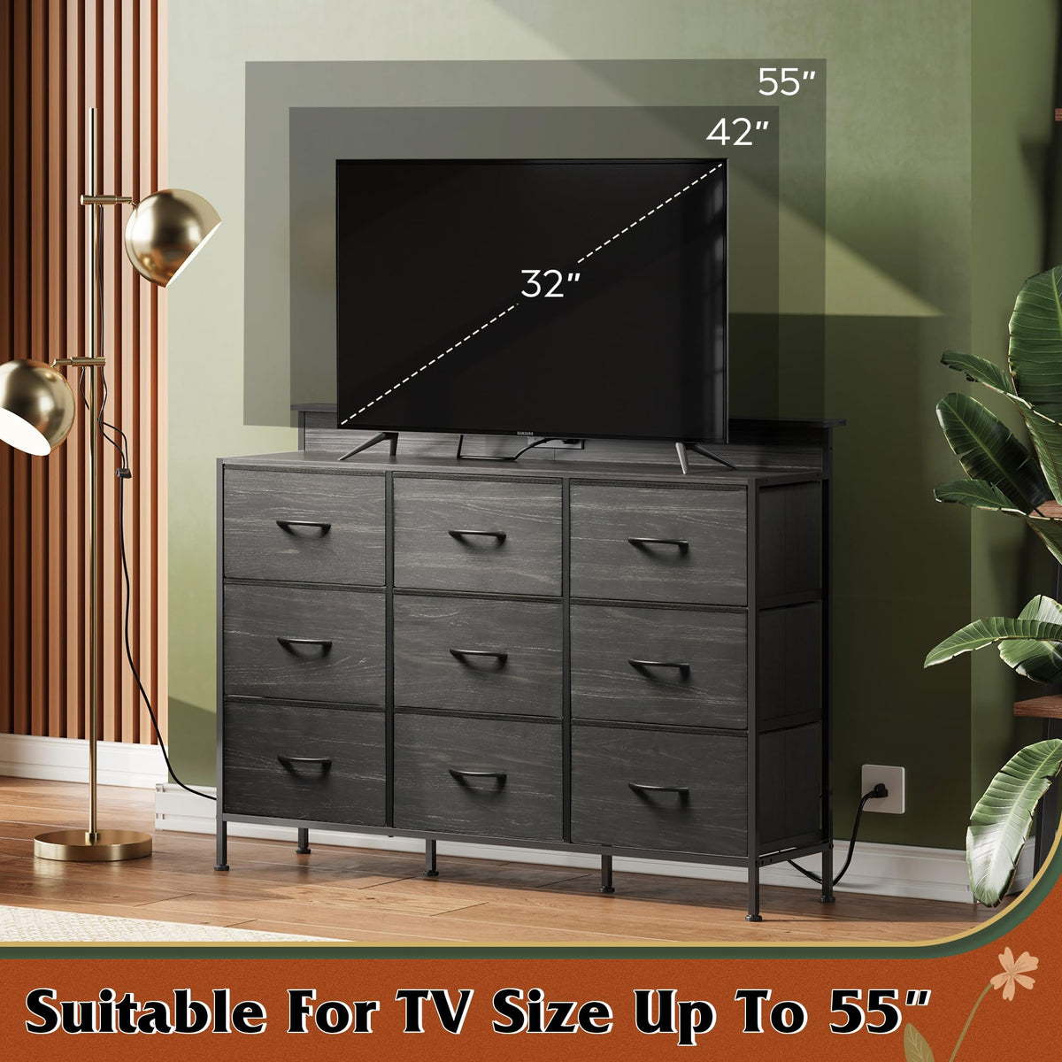 WLIVE Black Dresser TV Stand for 45, 50, 55 inch TV, Entertainment Center with LED Lights & Charging Station, Chest of drawers with 9 Fabric Drawers and Open Shelves for Living Room, Hallway, Wood Top