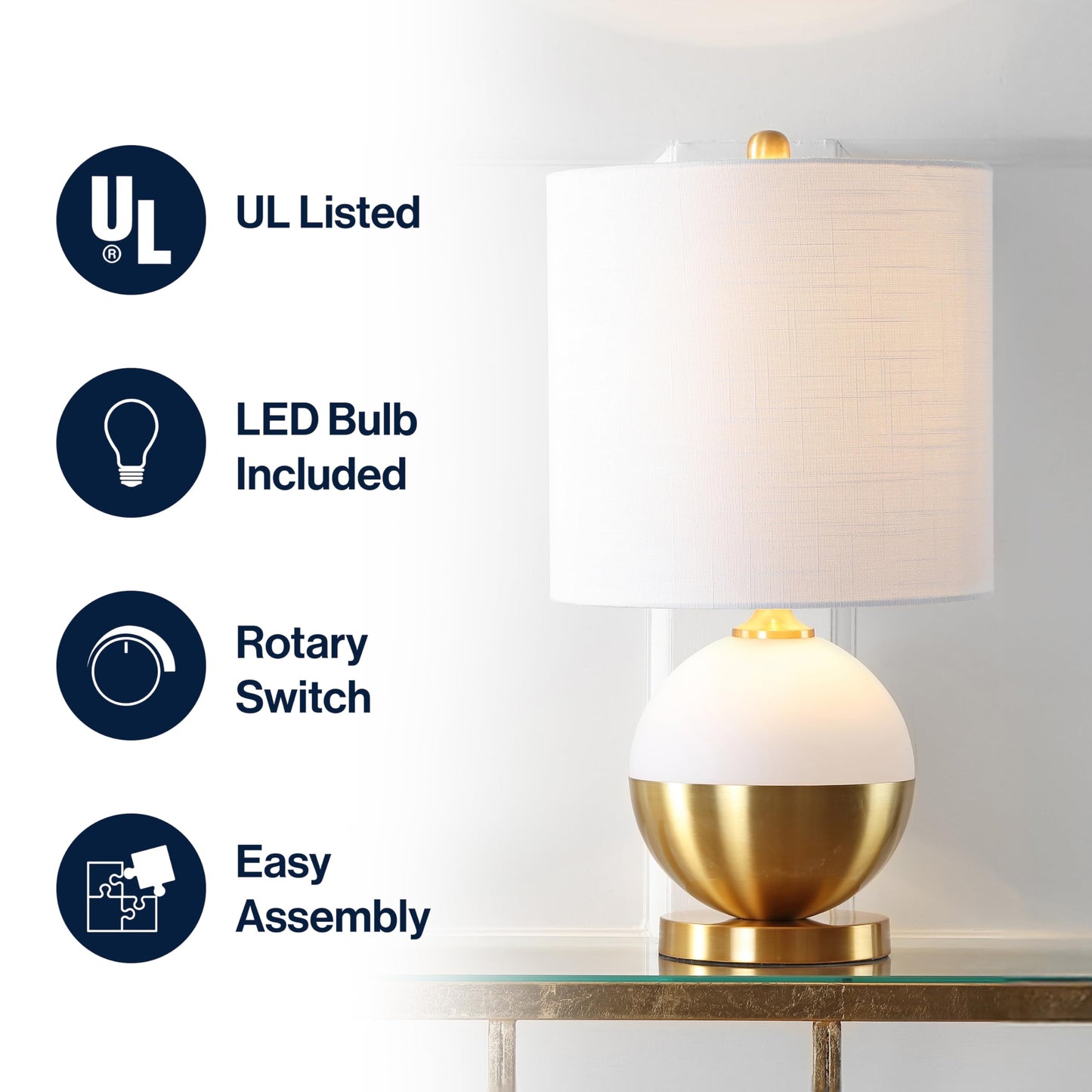 JONATHAN Y 23.5" White and Brass Gold Ceramic Table Lamp, Modern Glam Nightstand Lamp for Bedroom Living Room, White Linen Drum Shade, LED Bulb Included JYL5005A
