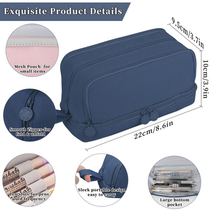 Tesmien Pencil Case, Large Pencil Case with 4 Compartments Stationery Organizer for Boys and Girls, Aesthetic Pencil Bag Suitable for Kids Teenagers Students Women Men, Dark Blue