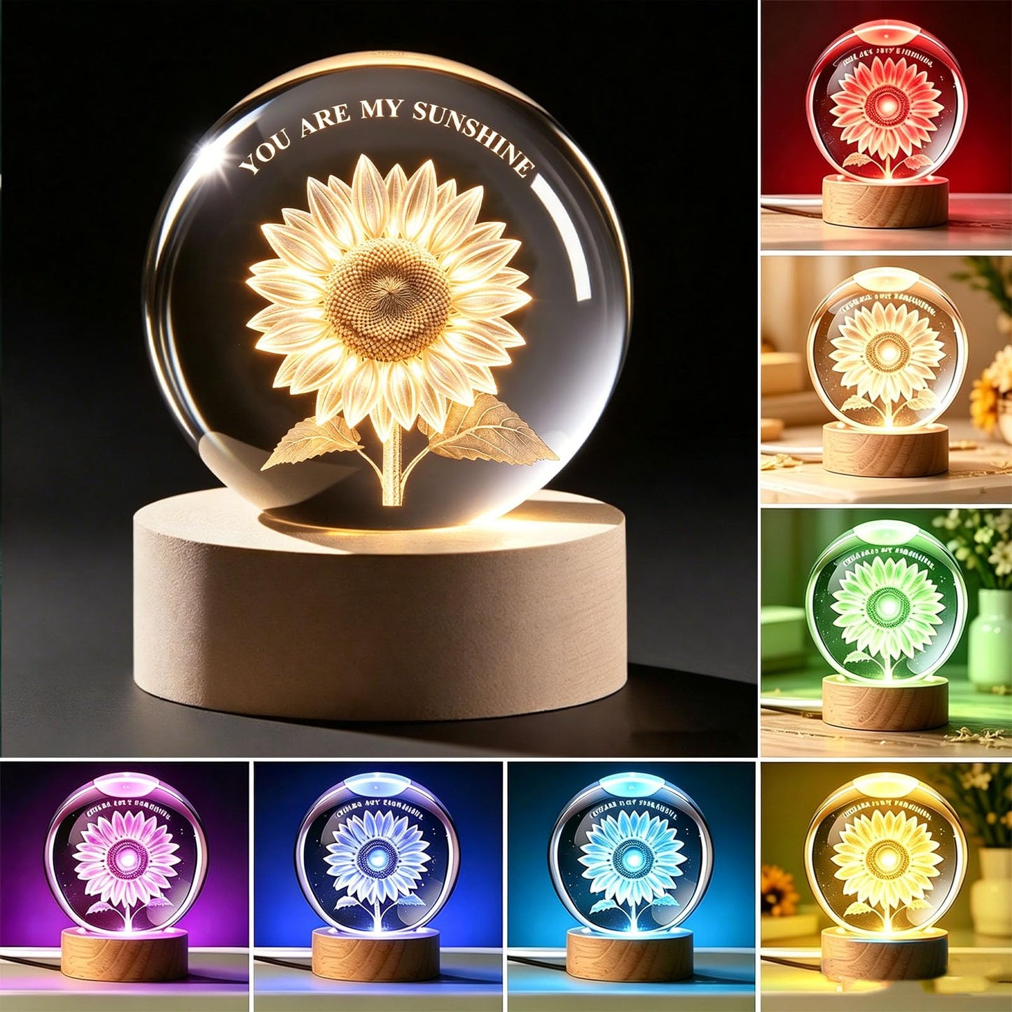 Sunflower Lamp Gifts, 60mm Crystal Ball with Wooden Base, Decorative Paperweight 3D Laser Engrave Home Decor, for Him Her Friendship Coworker Mom Girlfriend Sister Grandma Wife Her Birthday Gift
