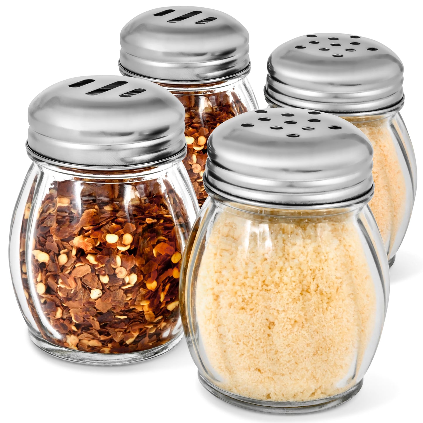 6oz Glass Spice Shaker & Cheese Dispenser Set of 4-6 Ounce with Slotted and Perforated Stainless Steel Tops - Clear Glass Grated Parmesan Cheese Shaker, Red Pepper Shaker, Shakers for Seasonings