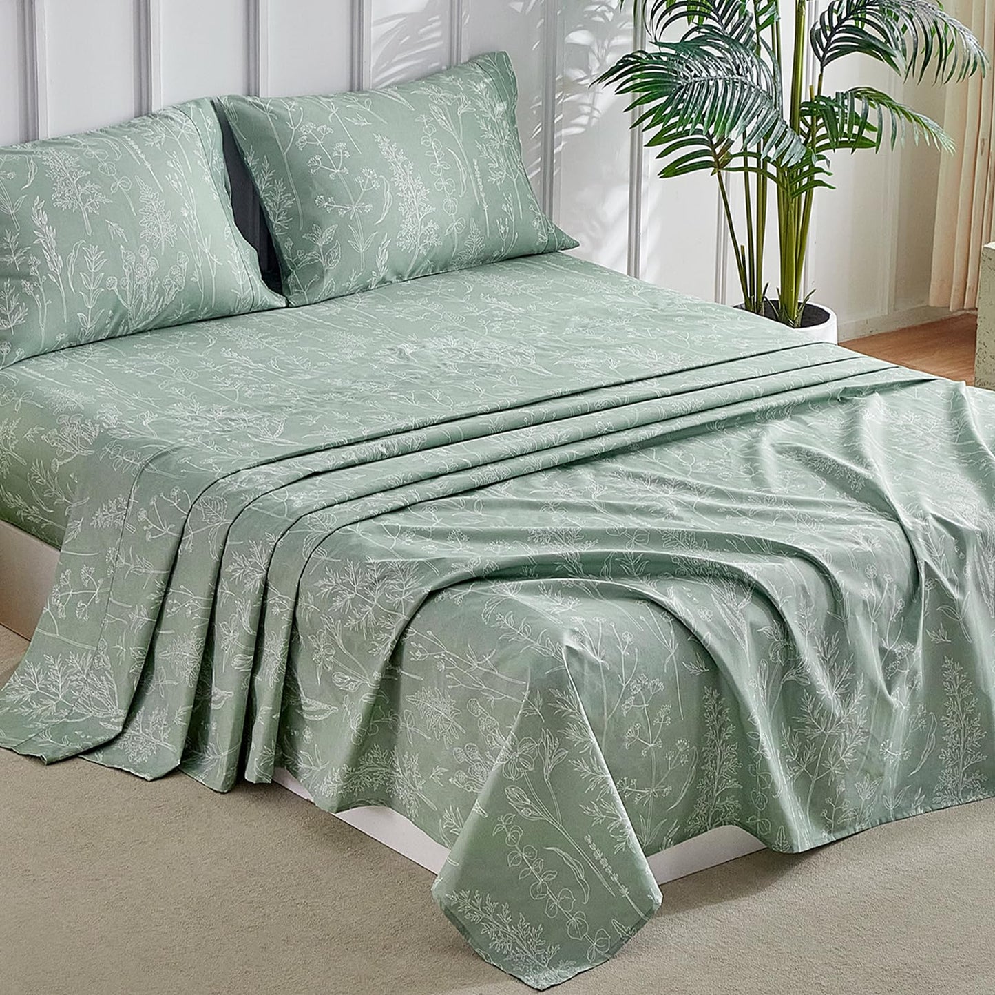 Tokokimo Floral Sheets Set King Size, 16 inches Deep Pocket Fitted Sheet, Flat Sheet & Envelope Closure Pillowcases, Soft Breathable Microfiber Sheet Set 4-Piece, Green and White Leaf Floral