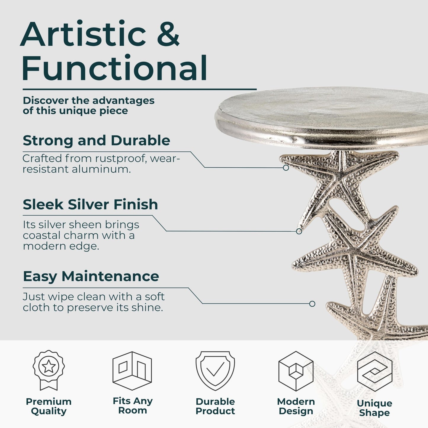 Metal Accent Table, Modern Round Side Table for Living Room and Bedroom, No Assembly Required, Indoor Use Only, Iron and Stone Materials, Starfish Home Decor Living Room Accent Table – 25", Silver