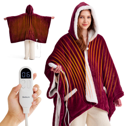Bedsure Heated Blanket Wearable Shawl - Electric Wrap Poncho Blanket Hoodie for Adult, Birthday Gifts for Mom Women, Sherpa Heating Throw with 4 Time Settings & 6 Heat Settings, 55x64 inches, Grey