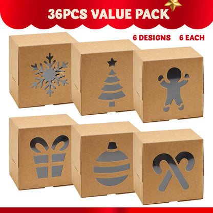 JOYIN 36 PCS Christmas Cookie Boxes for Gift Giving, Brown Bakery Treat Boxes with Window, 4" x 4" x 2.5" Gift Wrap Box for Xmas Holiday Party Favor Pastries, Cupcakes, Donuts, Brownies, Donuts