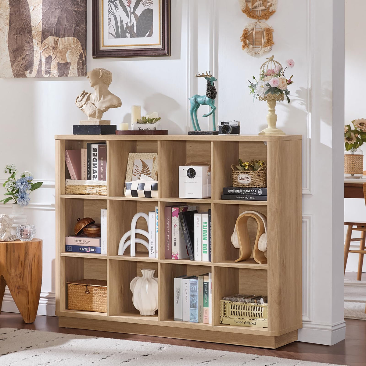 Joaxswe 12 Cube Storage Organizer, 41" Large Bookshelf with Curved Edge, Wood Floor Standing 3-Tier Cubby Bookcase with Base, Rustic Display Storage Cabinet for Living Room, Home Office, Natural Oak