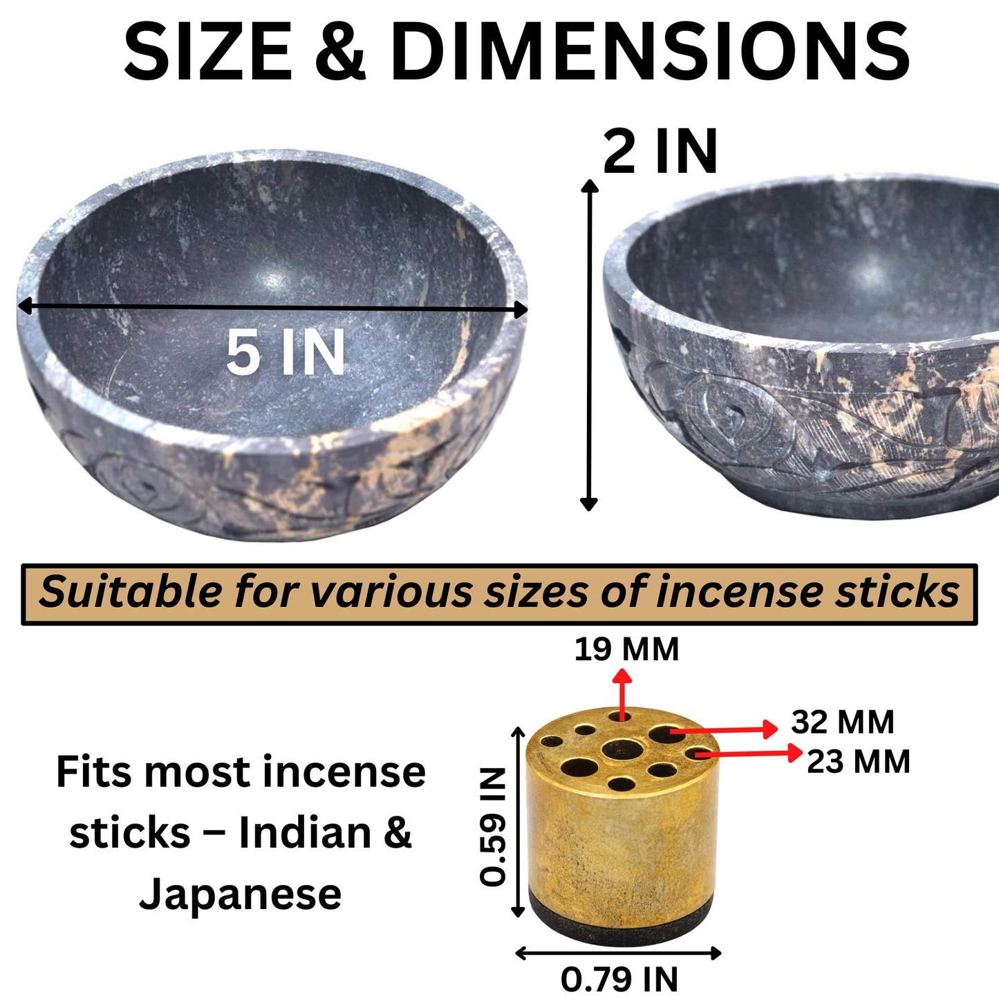 KC KULLICRAFT Natural Grey Marble Incense Holder Bowl – 5" Ash Catcher Burner for Meditation, Smudge, Palo Santo – 9-Hole Brass Insert Fits Most Incense Sticks.