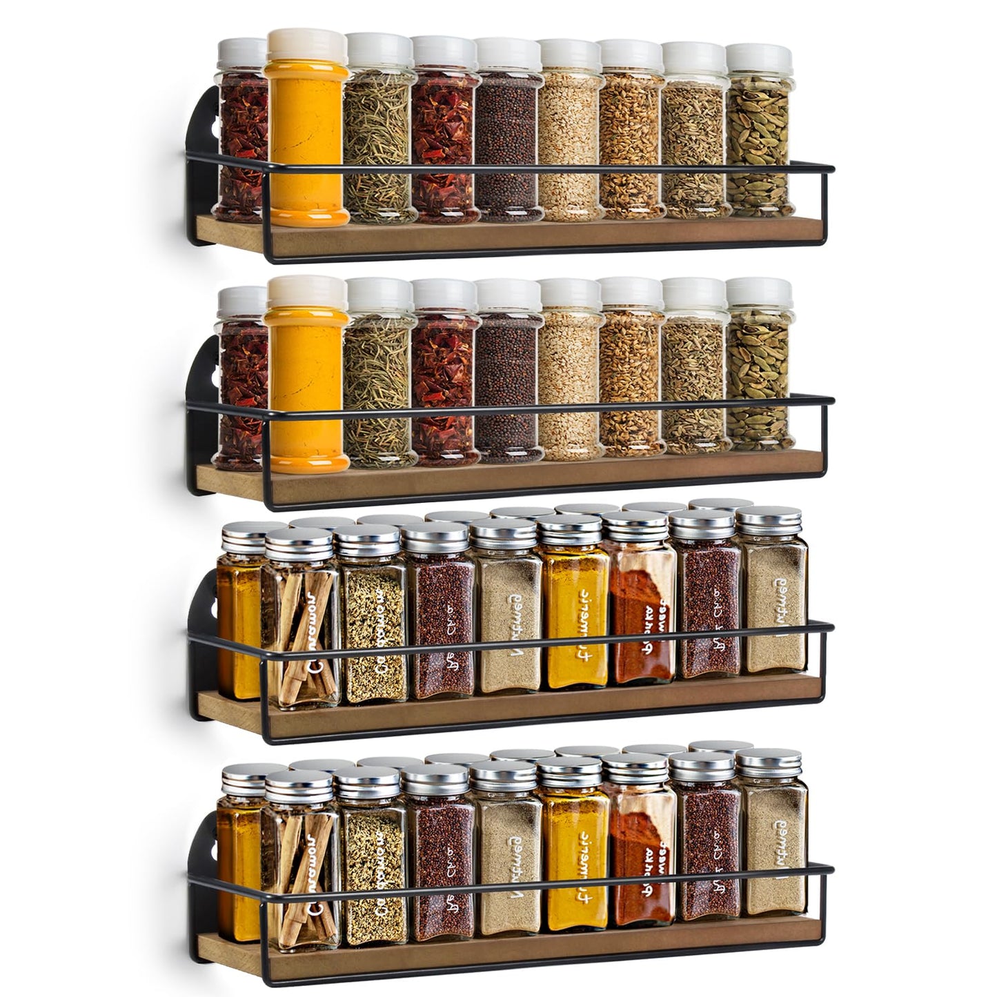 TJ.MOREE 4 Pack Spice Rack Wall Mounted Rustic Style Hanging Spice Organizer for Wall, Kitchen Spice Storage, Black