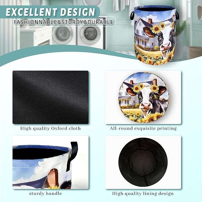 Cows Sunflower Laundry Basket Cow Foldable Funny Laundry Hamper Oxford Cloth