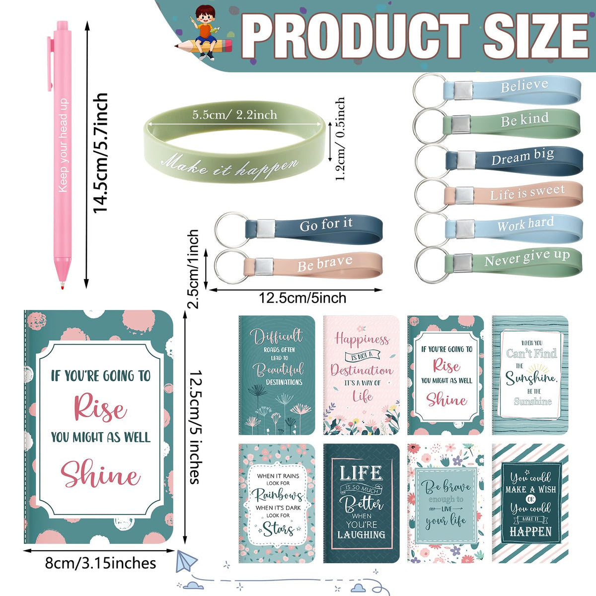 PerKoop 64 Pcs Inspirational Gifts Bulk 16 Motivational Notebooks Journal 16 Ballpoint Pens 16 Wristbands 16 Keychains for Teacher Office Women Employee Party Favor(Morandi)