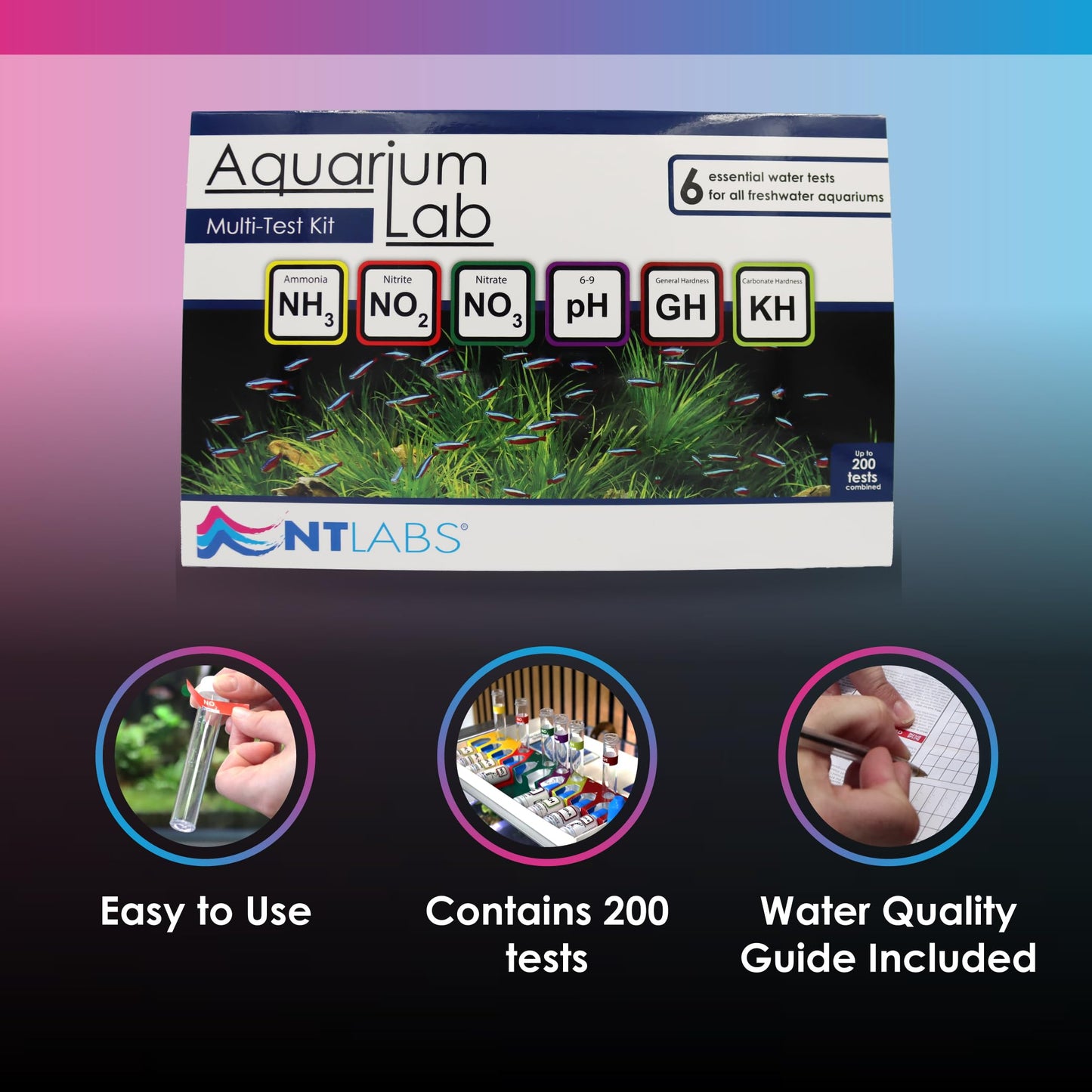 NT Labs Aquarium Lab Multi Test Kit (All-in-one Water Testing Kit - Ammonia, Nitrite, Nitrate, pH, General Hardness (GH) and Carbonate Hardness (KH)), Accurate Results, Up to 200 Tests, Easy to Use